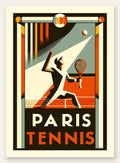 Affiche tennis Paris Art Deco, joueur au service sur terre battue orange