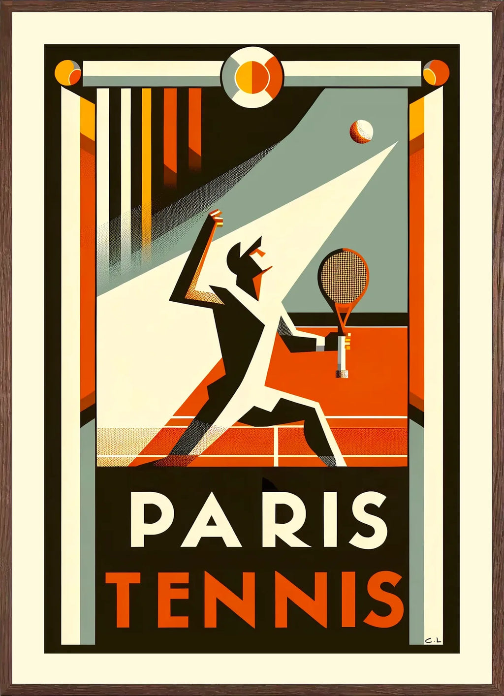 Cadre chene clair entourant l'affiche tennis Paris Art Deco