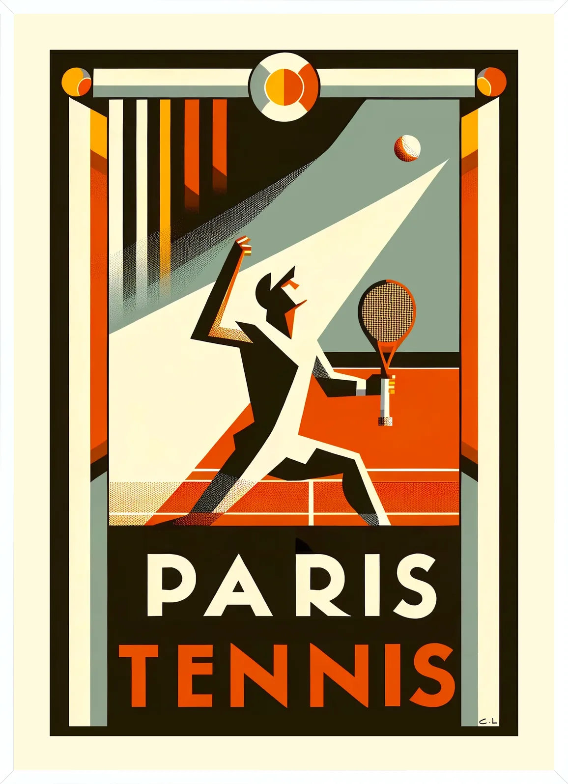 Cadre blanc epure presentant l'affiche tennis Paris Art Deco