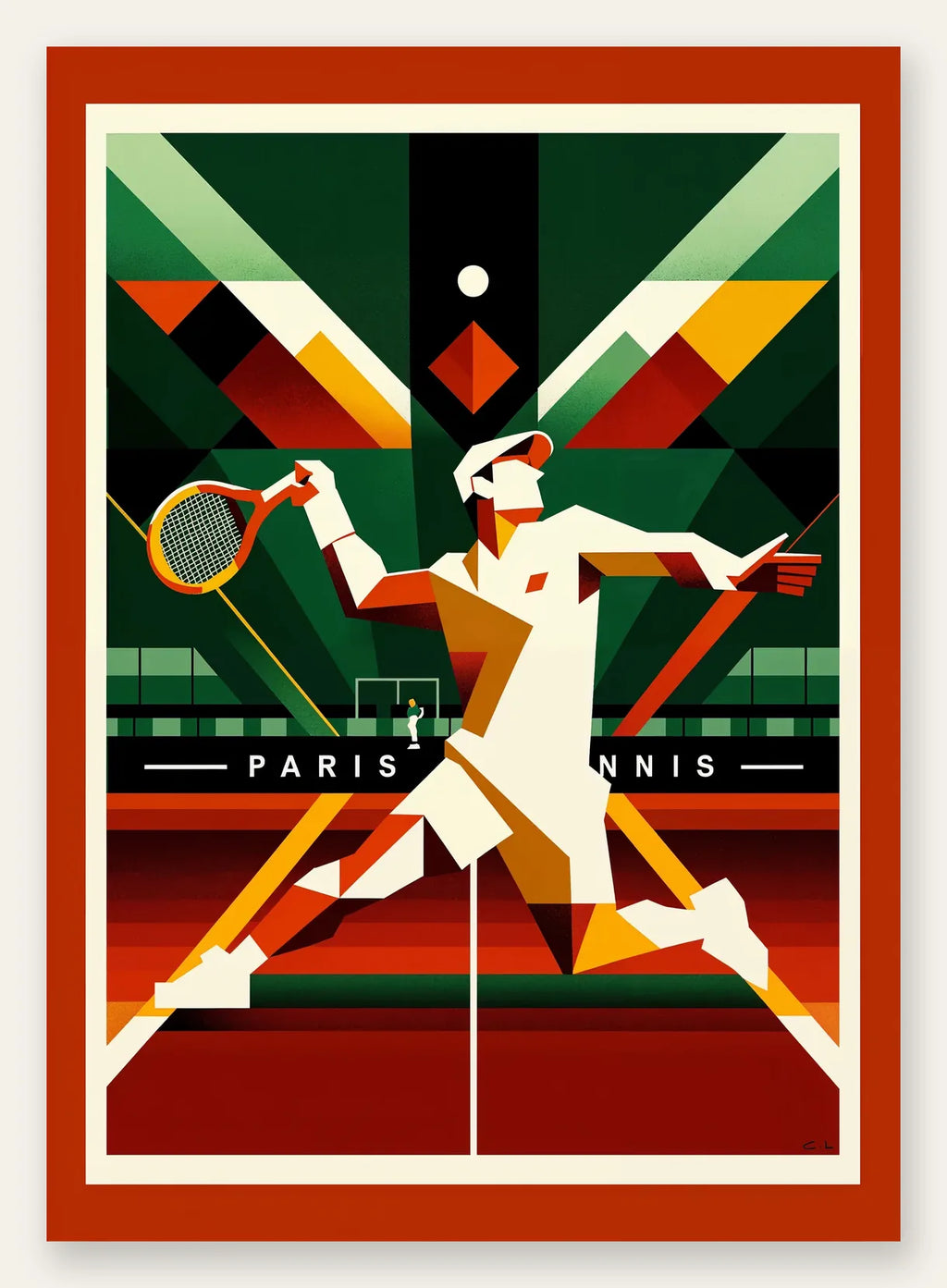 Joueur de tennis cubiste a la raquette, fond geometrique Paris