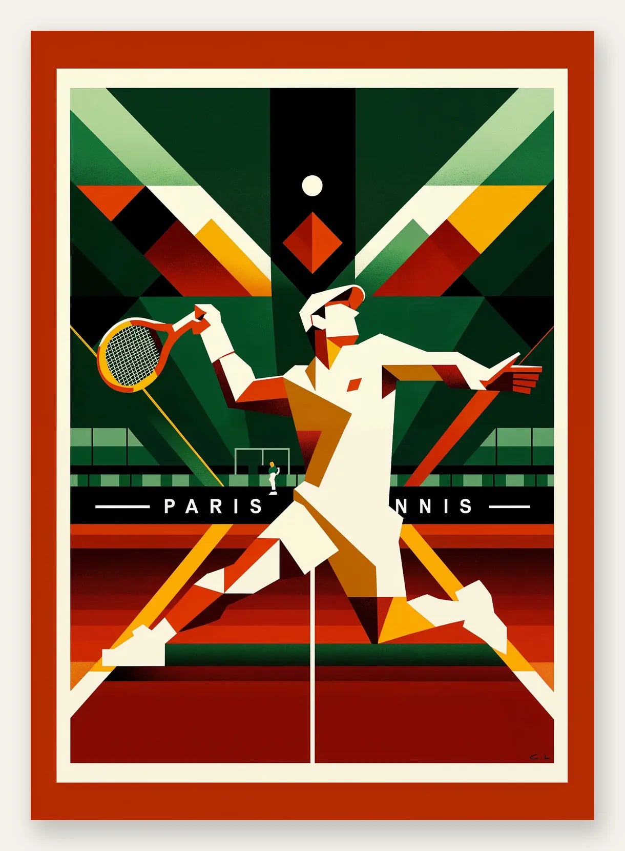 Joueur de tennis cubiste a la raquette, fond geometrique Paris
