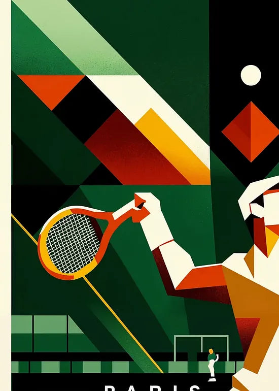 Gros plan sur joueur de tennis cubiste a la raquette, fond geometrique Paris