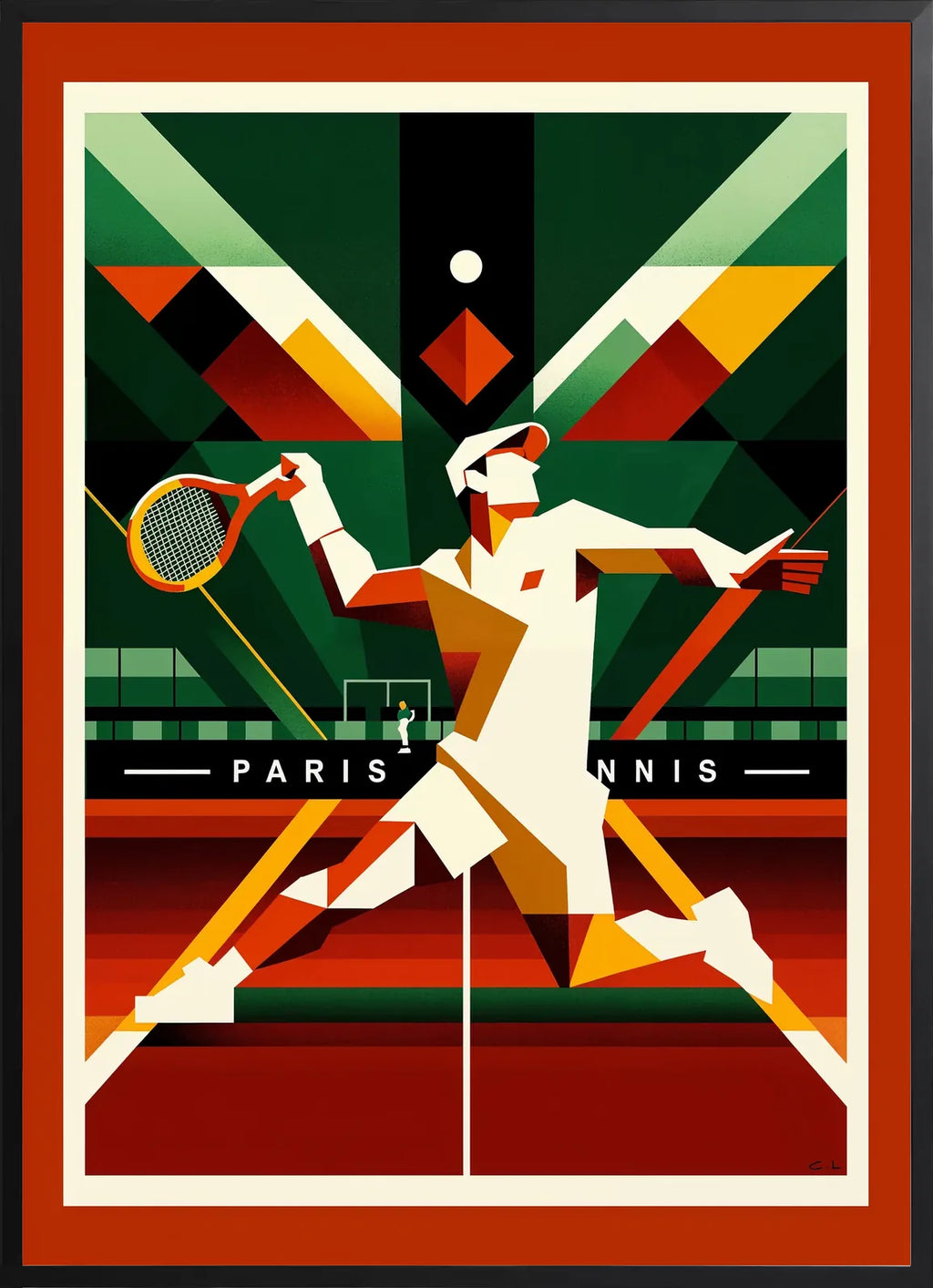 Encadrement noir mat autour de joueur de tennis cubiste a la raquette, fond geometrique Paris