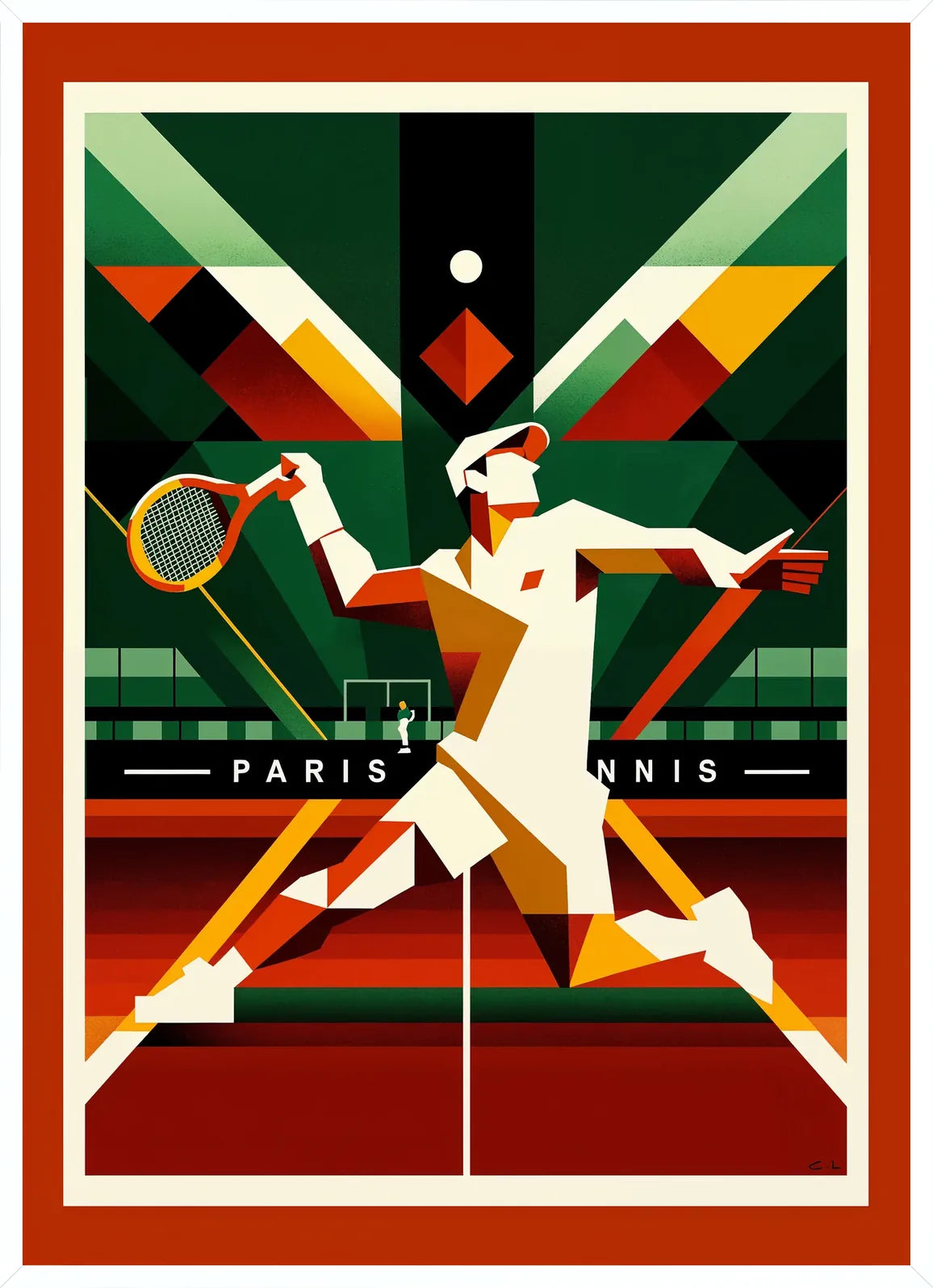Cadre blanc epure presentant joueur de tennis cubiste a la raquette, fond geometrique Paris