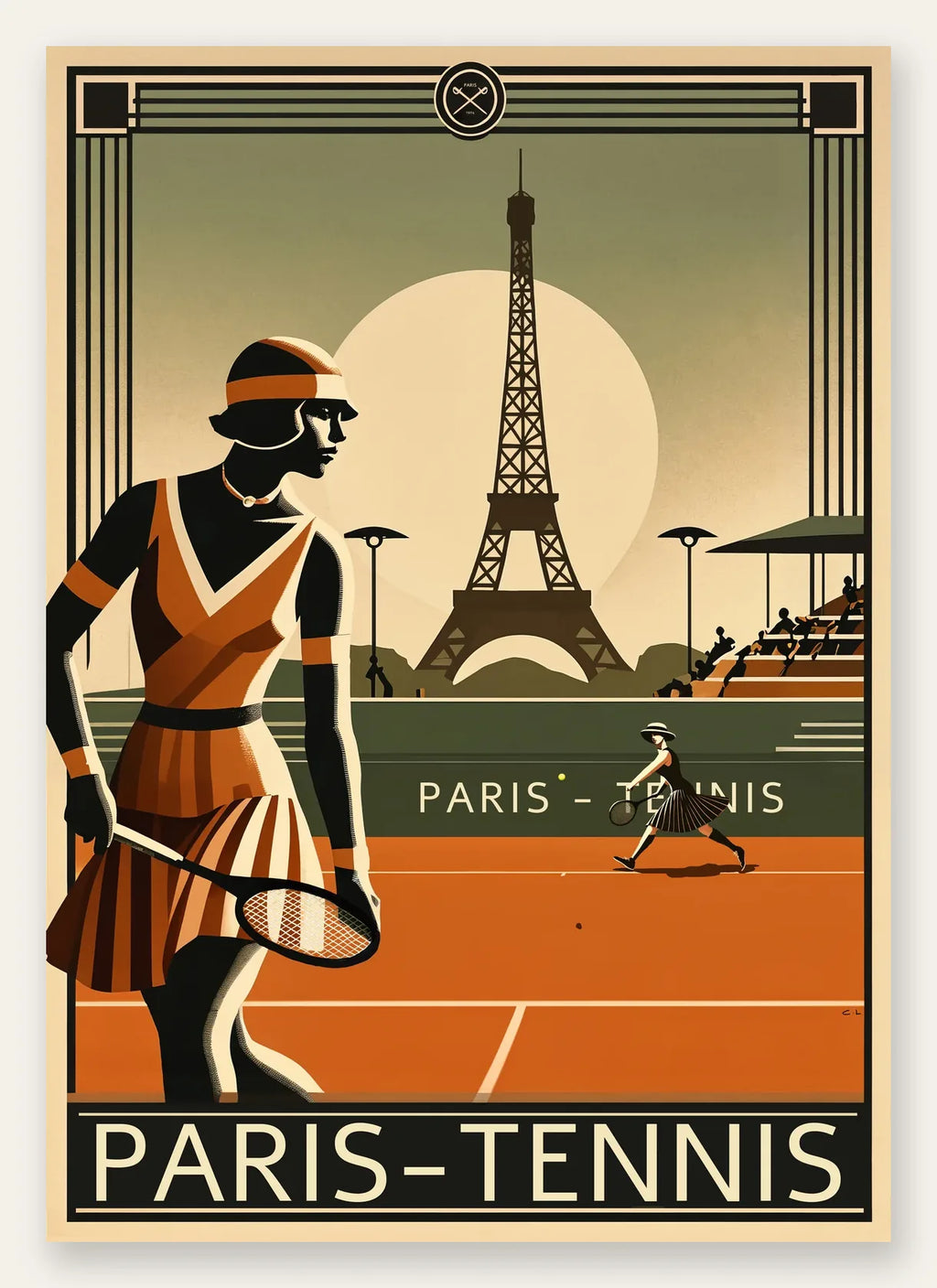 Joueuse de tennis 1920 et raquette, Tour Eiffel et terre battue