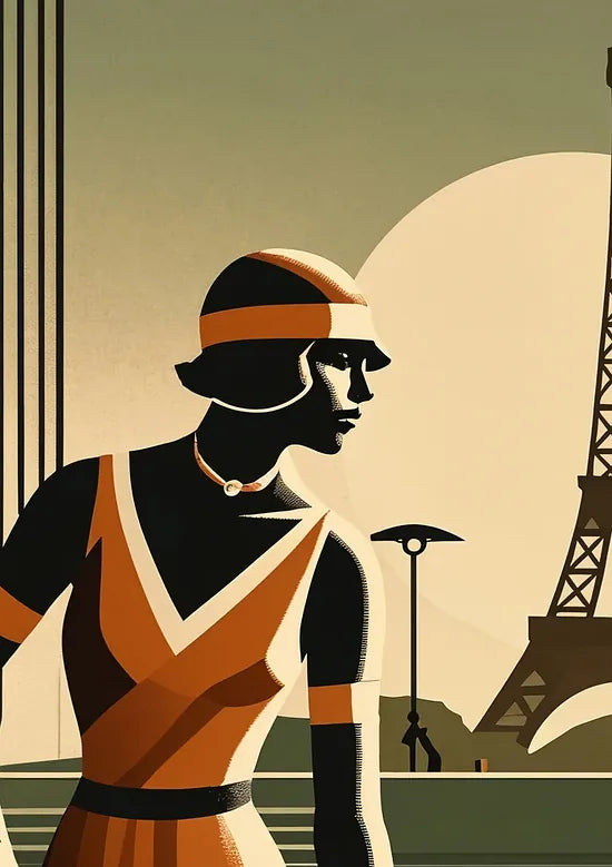 Gros plan sur joueuse de tennis 1920 et raquette, Tour Eiffel et terre battue