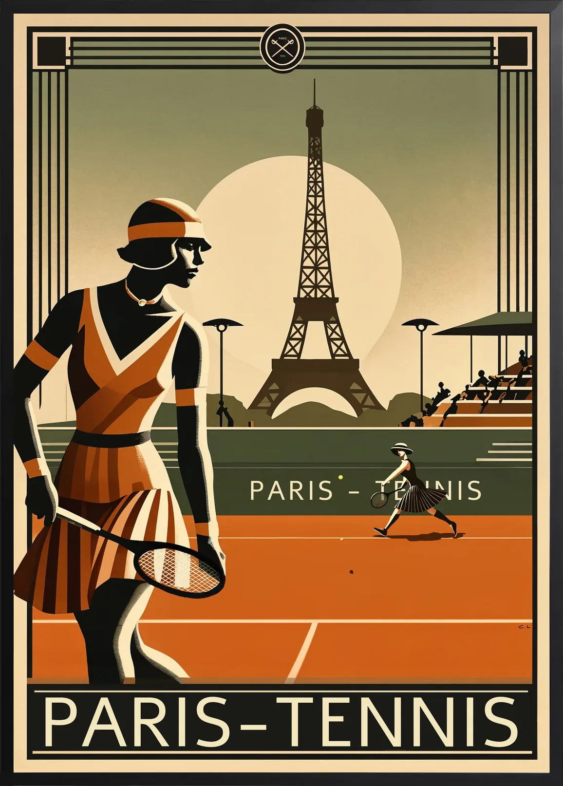 Encadrement noir mat autour de joueuse de tennis 1920 et raquette, Tour Eiffel et terre battue