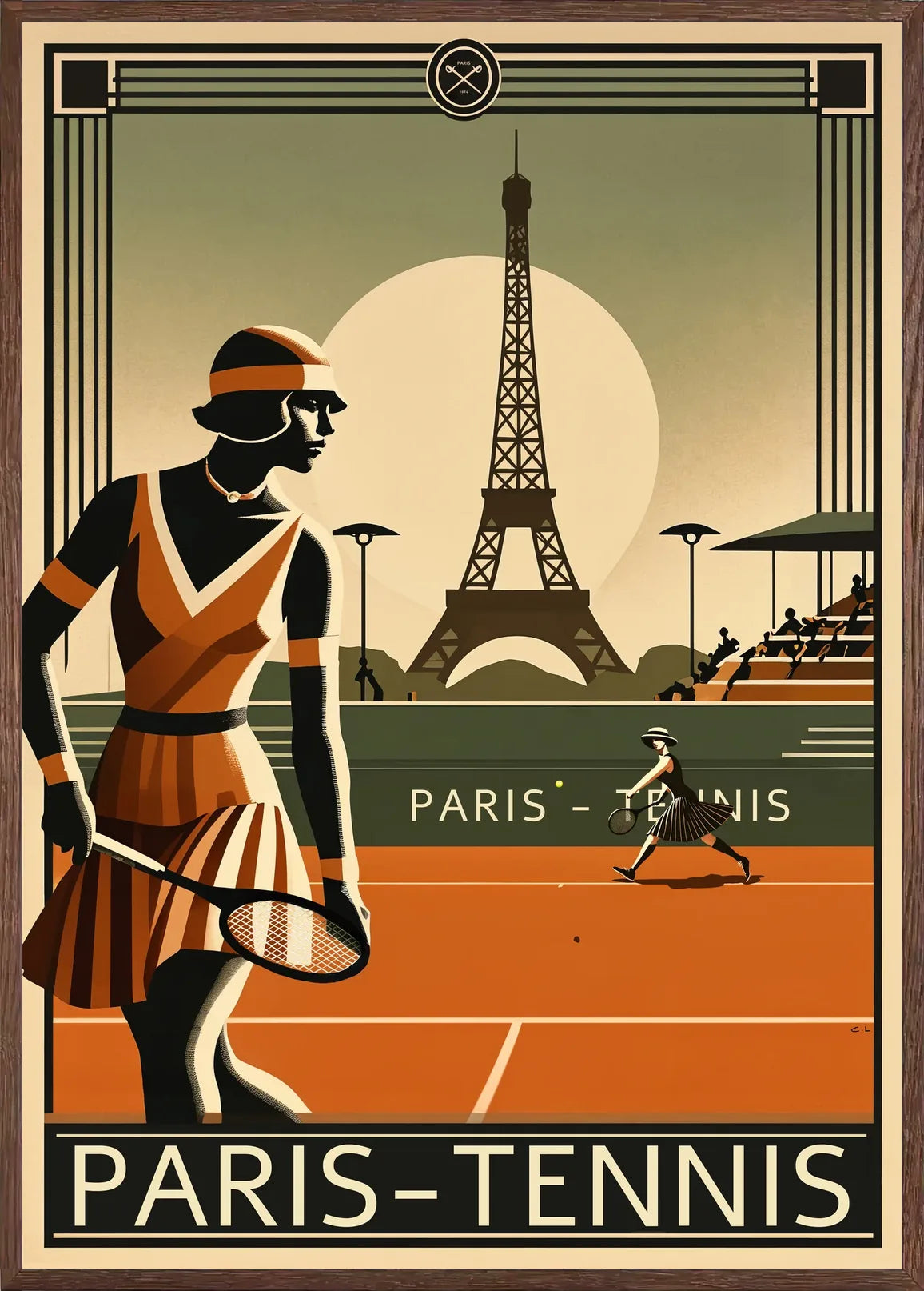 Cadre chene clair entourant joueuse de tennis 1920 et raquette, Tour Eiffel et terre battue