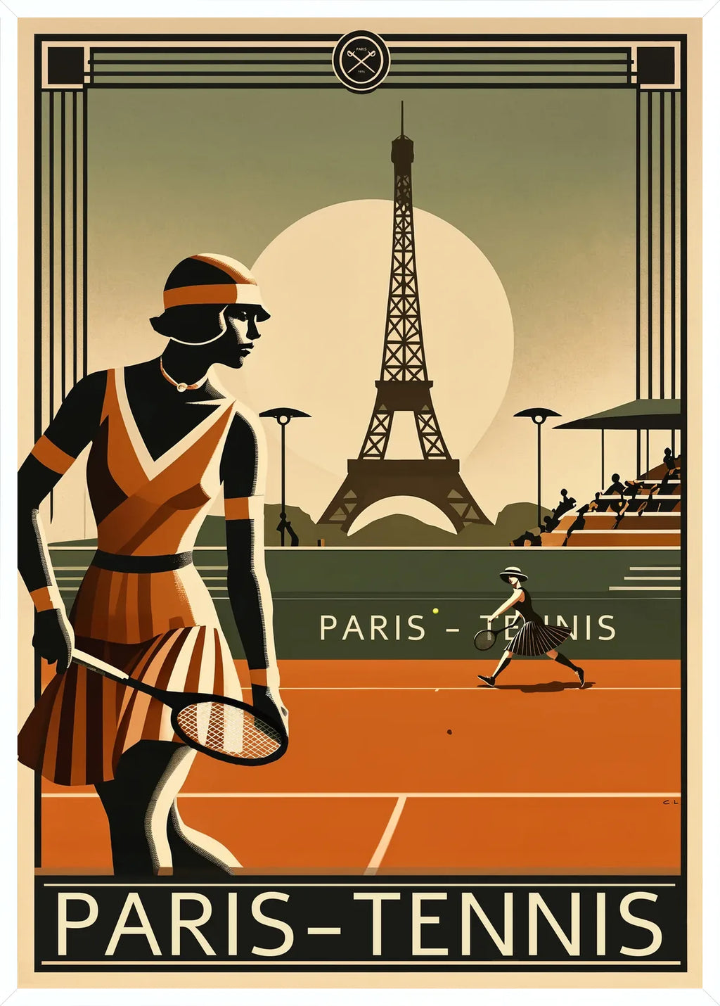 Cadre blanc epure presentant joueuse de tennis 1920 et raquette, Tour Eiffel et terre battue