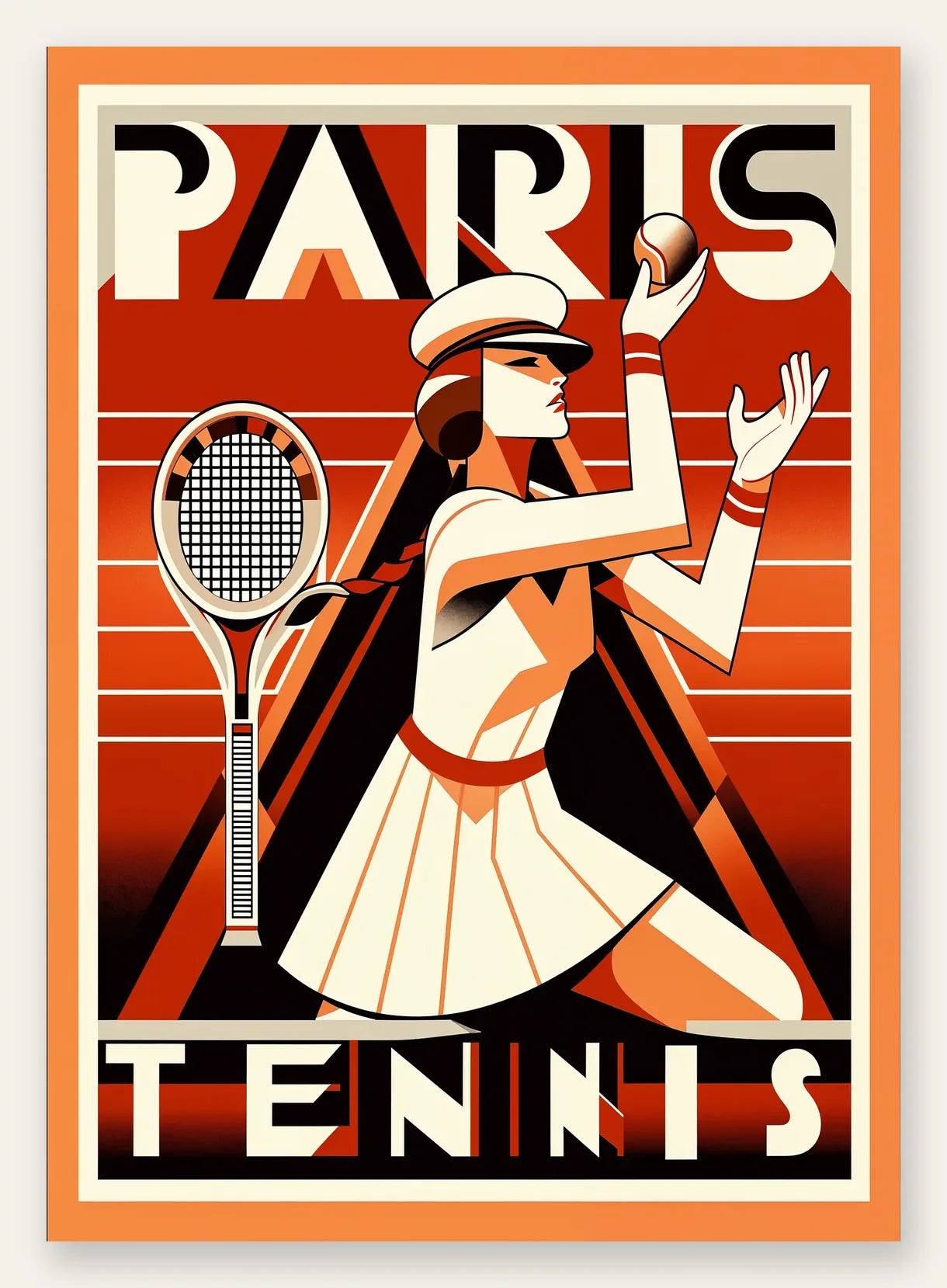 Joueuse de tennis au service avec raquette, style Paris art deco