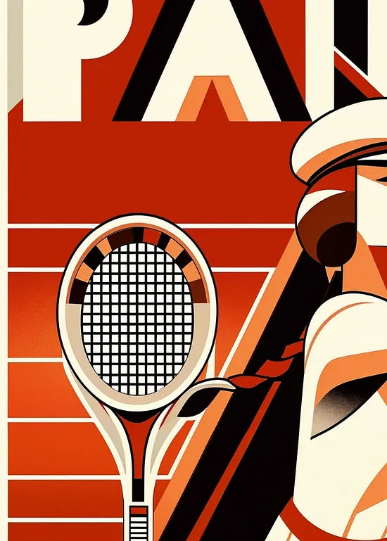 Gros plan sur joueuse de tennis au service avec raquette, style Paris art deco