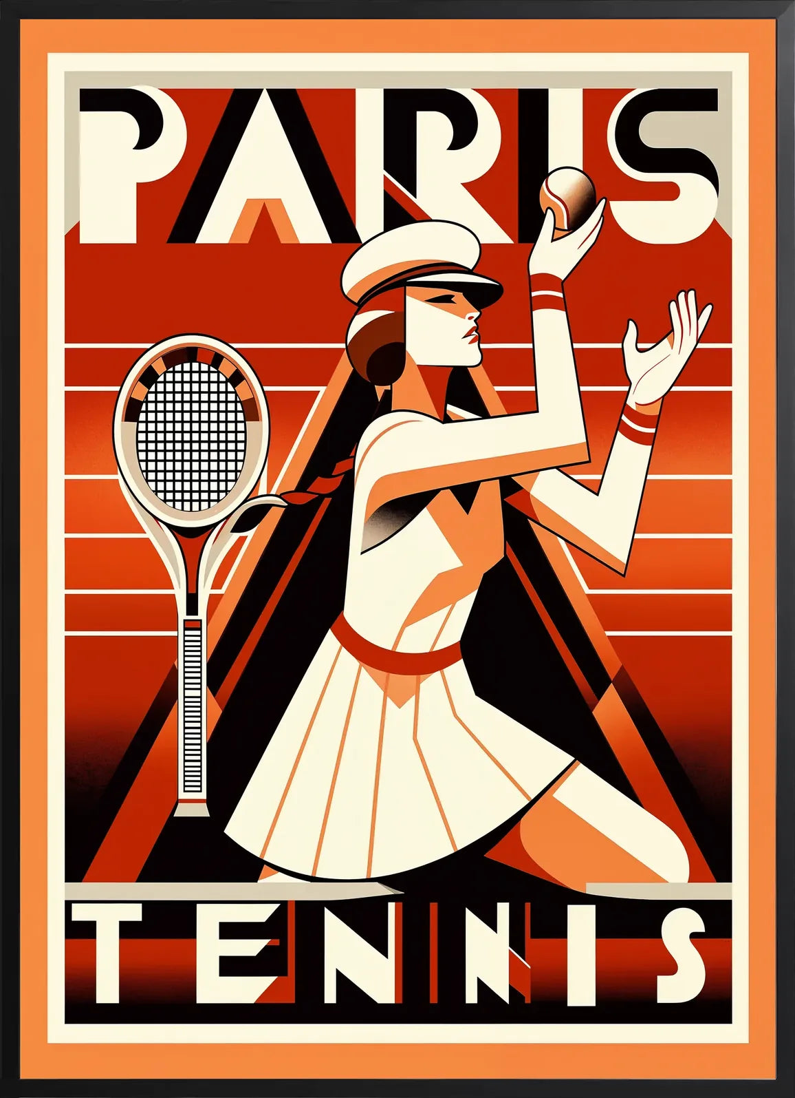 Encadrement noir mat autour de joueuse de tennis au service avec raquette, style Paris art deco