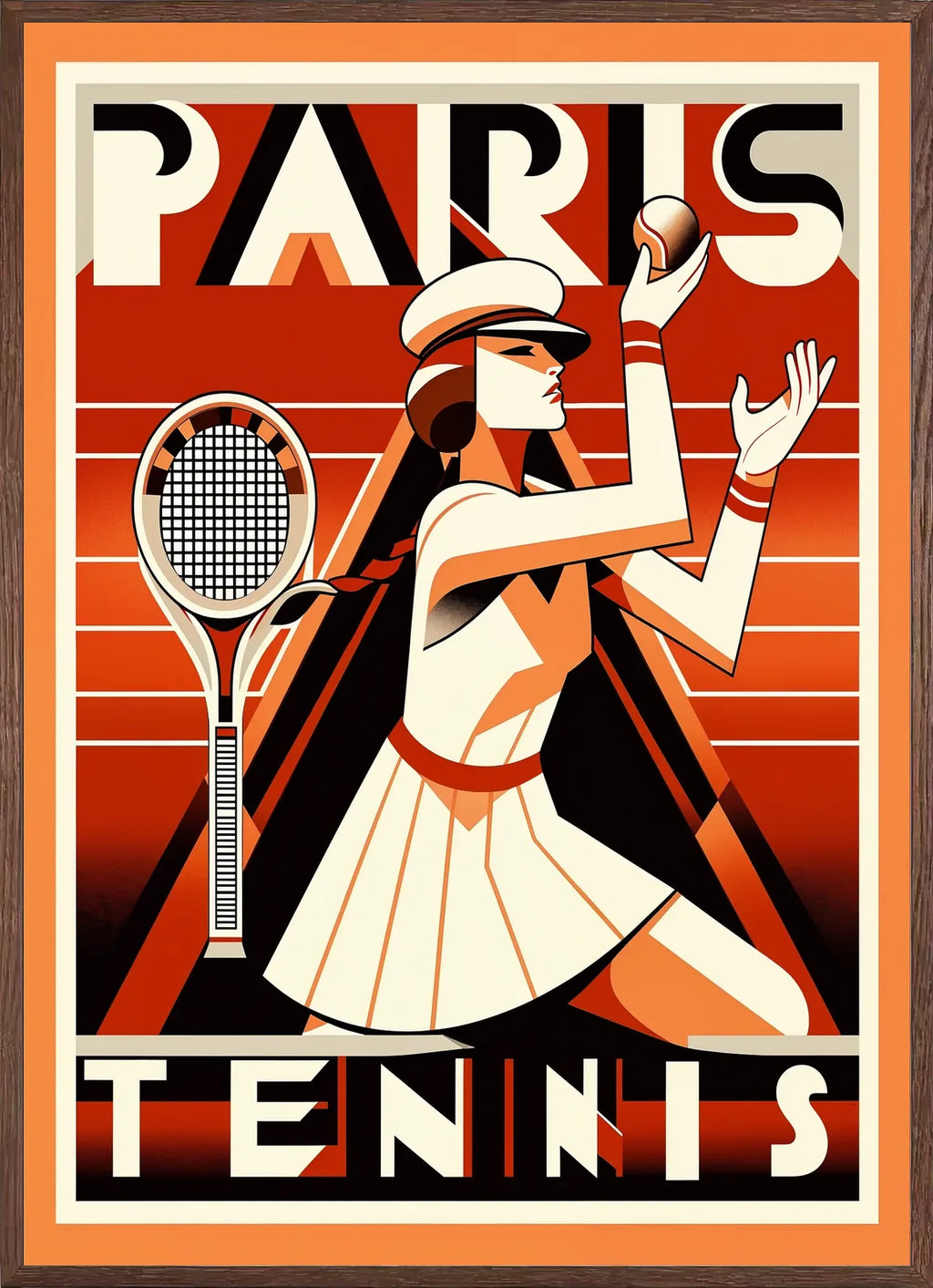 Cadre chene clair entourant joueuse de tennis au service avec raquette, style Paris art deco