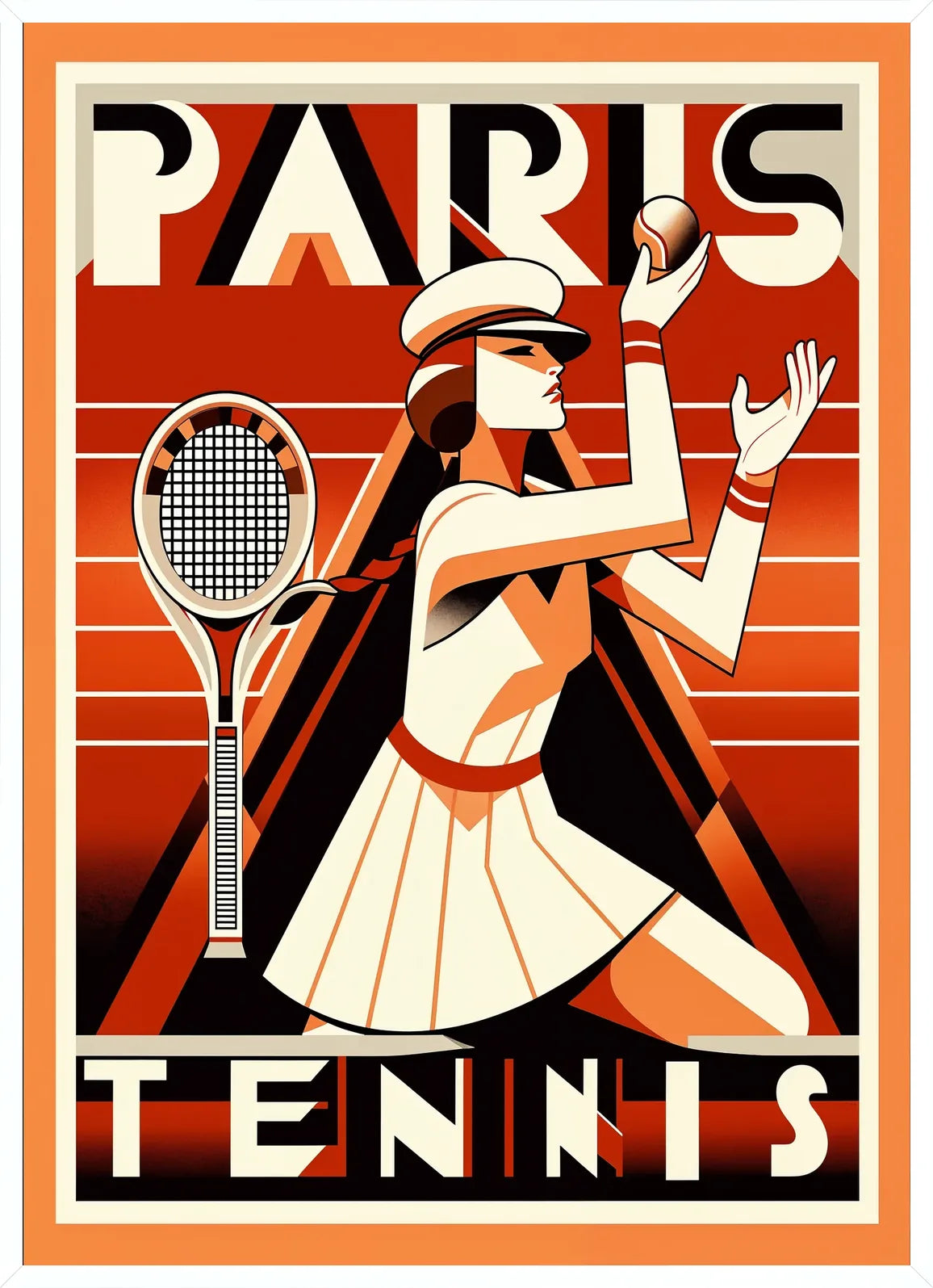 Cadre blanc epure presentant joueuse de tennis au service avec raquette, style Paris art deco