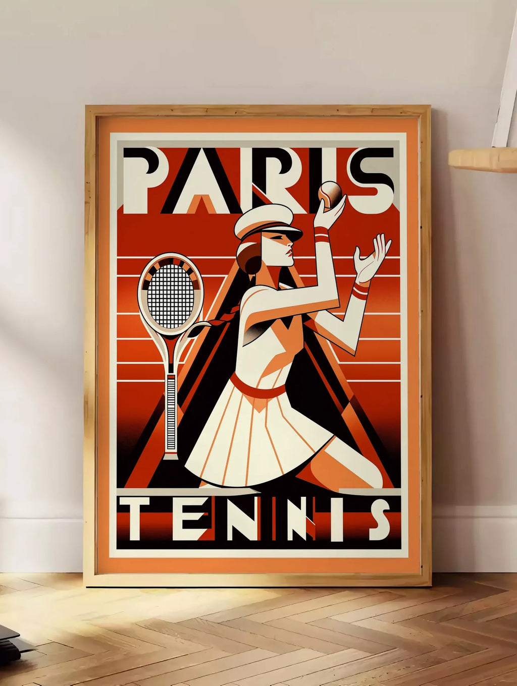 Estampe joueuse de tennis au service avec raquette, posee au sol dans un coin salon, sur un parquet a chevrons, pres d'une table d'appoint en chene chargee de livres