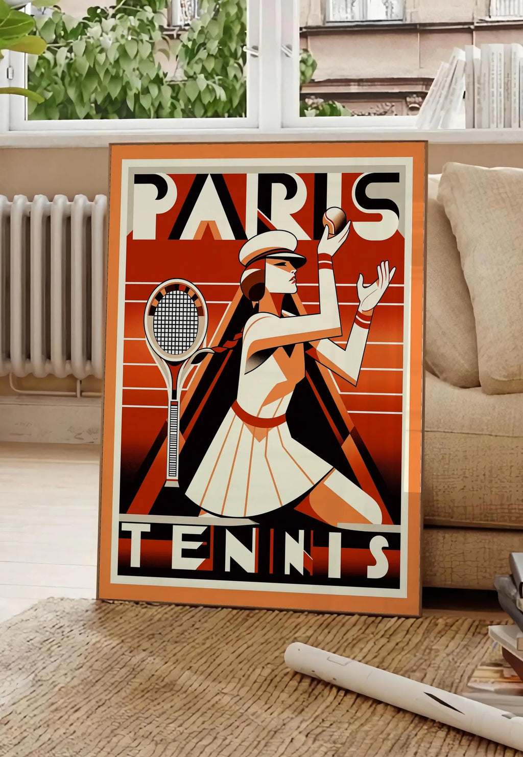 Poster joueuse de tennis au service avec raquette, posee au sol dans un salon parisien, devant une grande fenetre donnant sur un immeuble haussmannien, entre un ficus et un canape creme