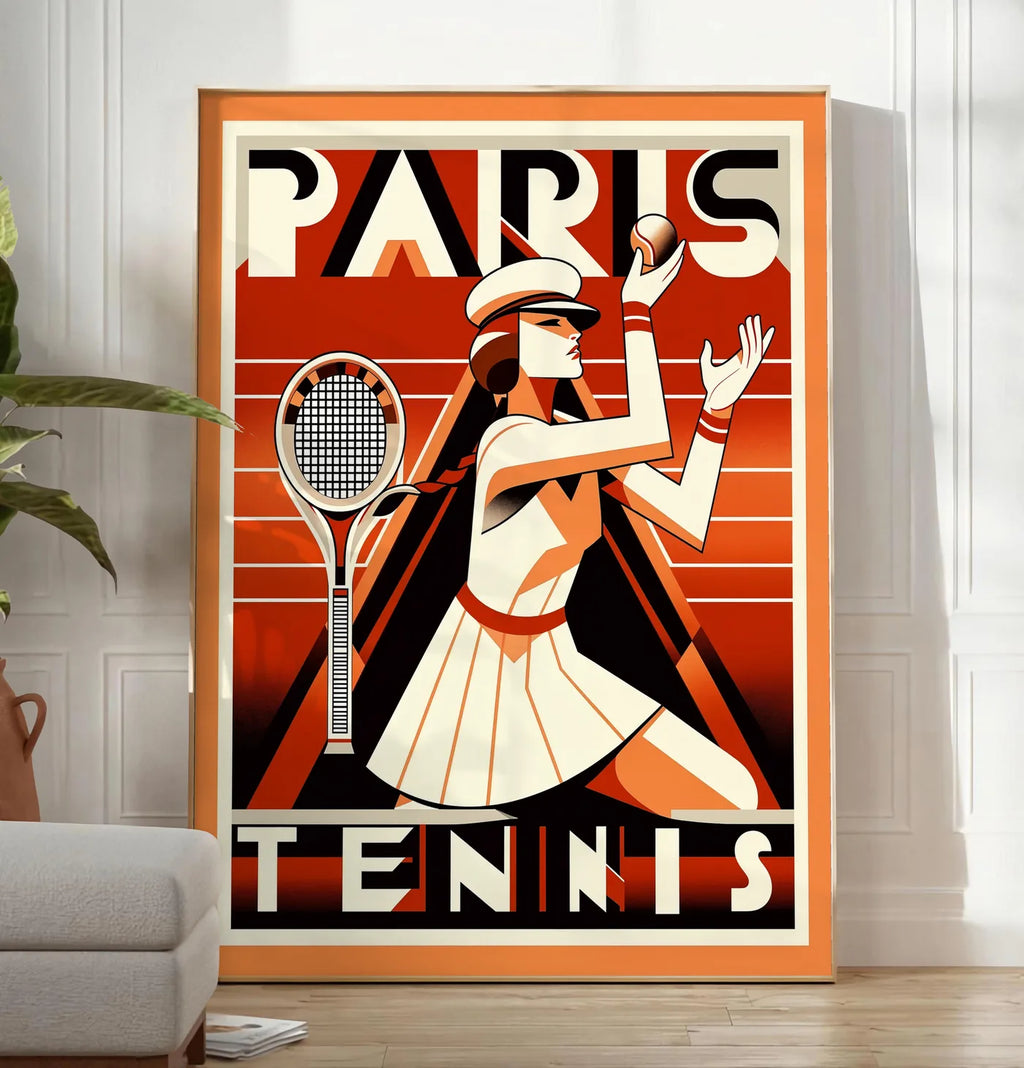 Reproduction joueuse de tennis au service avec raquette, posee au sol dans un salon minimaliste clair, a cote d'un canape beige et d'une plante verte, sur un parquet clair