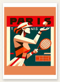 Affiche tennis Paris cubiste, joueuse au lancer de service sur terre battue