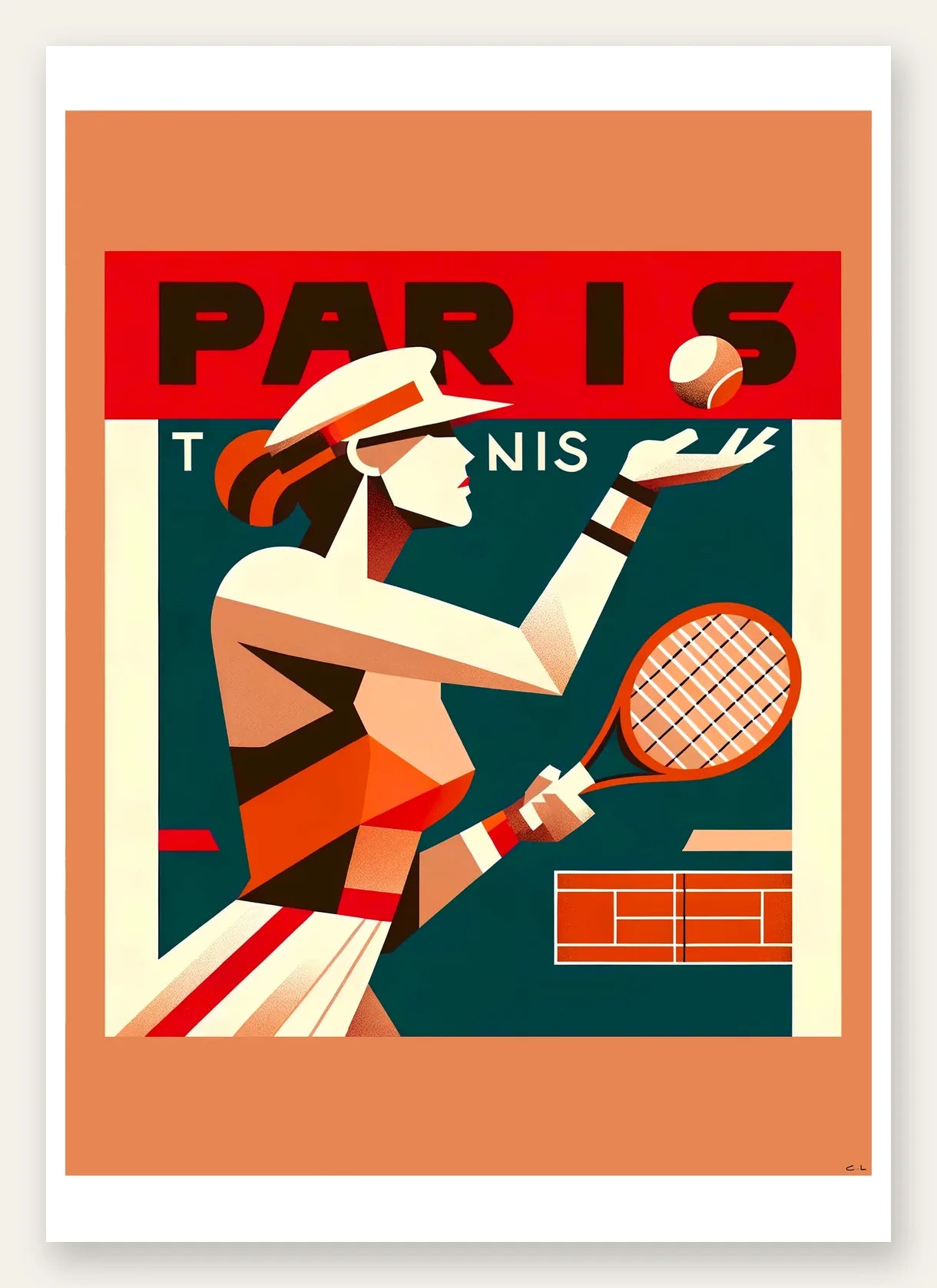 Affiche tennis Paris cubiste, joueuse au lancer de service sur terre battue
