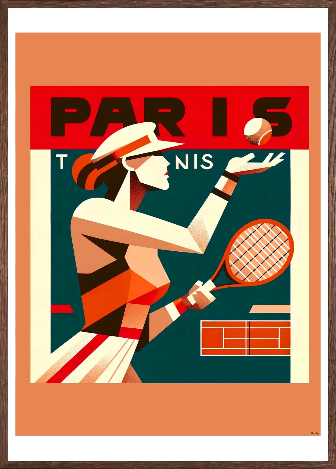 Cadre chene clair entourant l'affiche tennis Paris joueuse cubiste