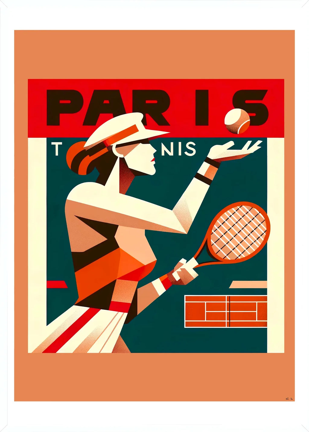 Cadre blanc epure presentant l'affiche tennis Paris joueuse cubiste
