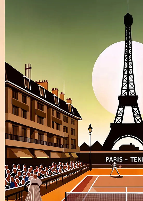 Gros plan sur joueur de tennis sur terre battue, Tour Eiffel au coucher de soleil