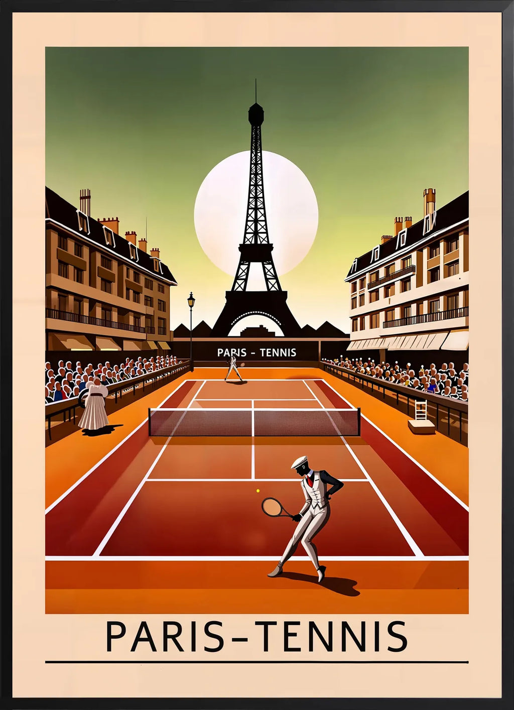 Encadrement noir mat autour de joueur de tennis sur terre battue, Tour Eiffel au coucher de soleil