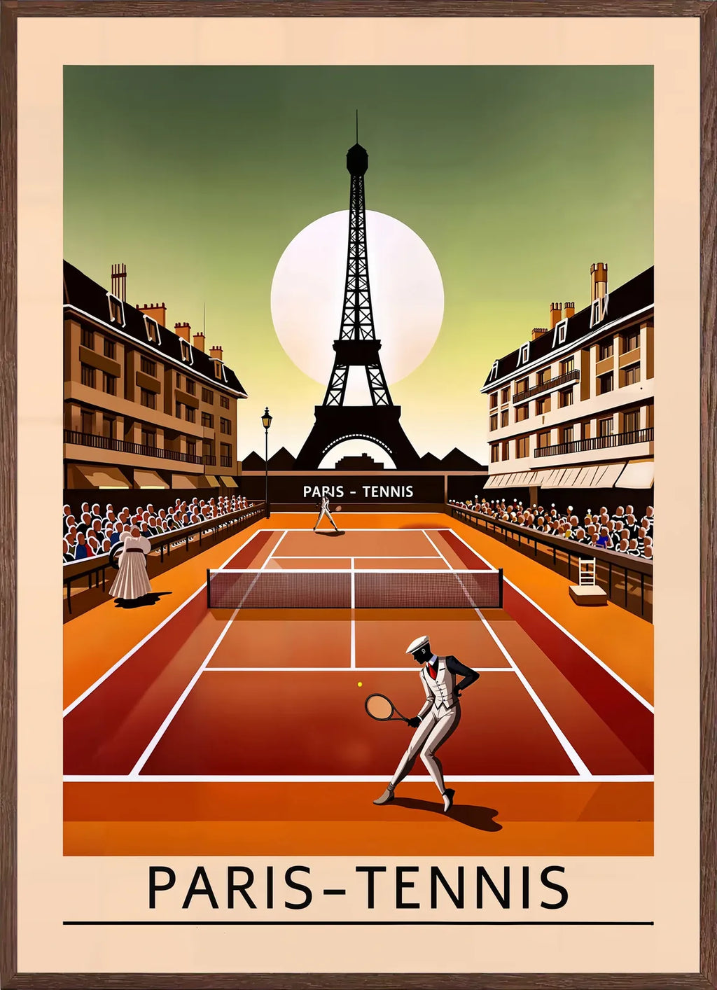 Cadre chene clair entourant joueur de tennis sur terre battue, Tour Eiffel au coucher de soleil