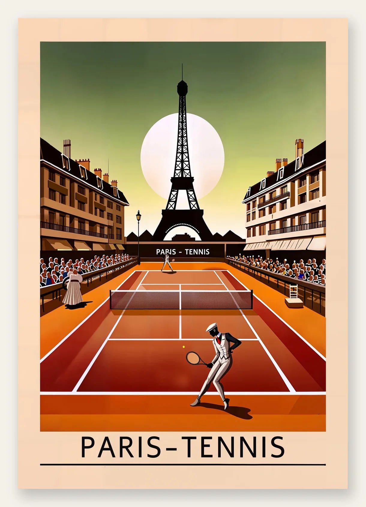 Joueur de tennis sur terre battue, Tour Eiffel sur ciel vert
