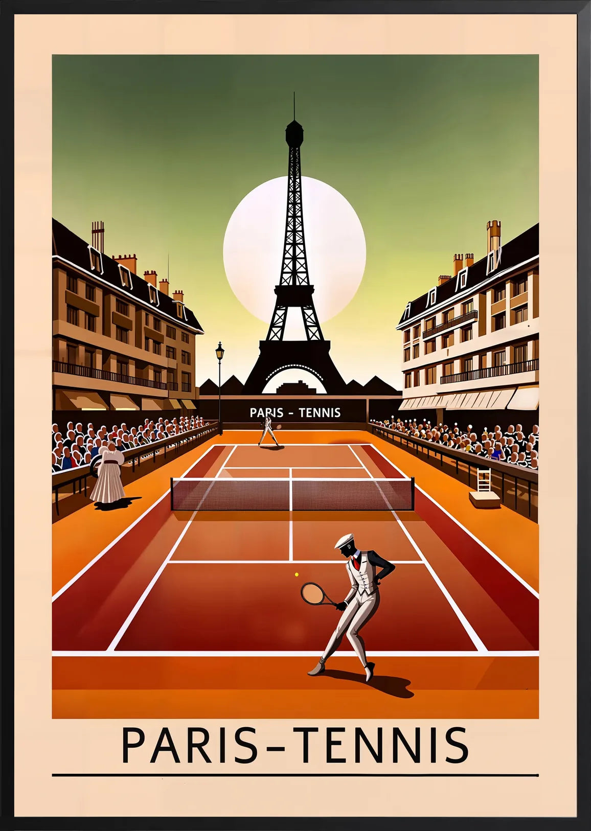 Encadrement noir mat autour de joueur de tennis sur terre battue, Tour Eiffel sur ciel vert
