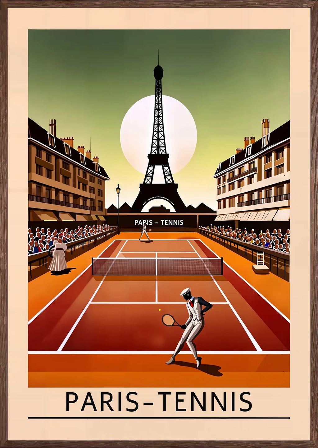 Cadre chene clair entourant joueur de tennis sur terre battue, Tour Eiffel sur ciel vert