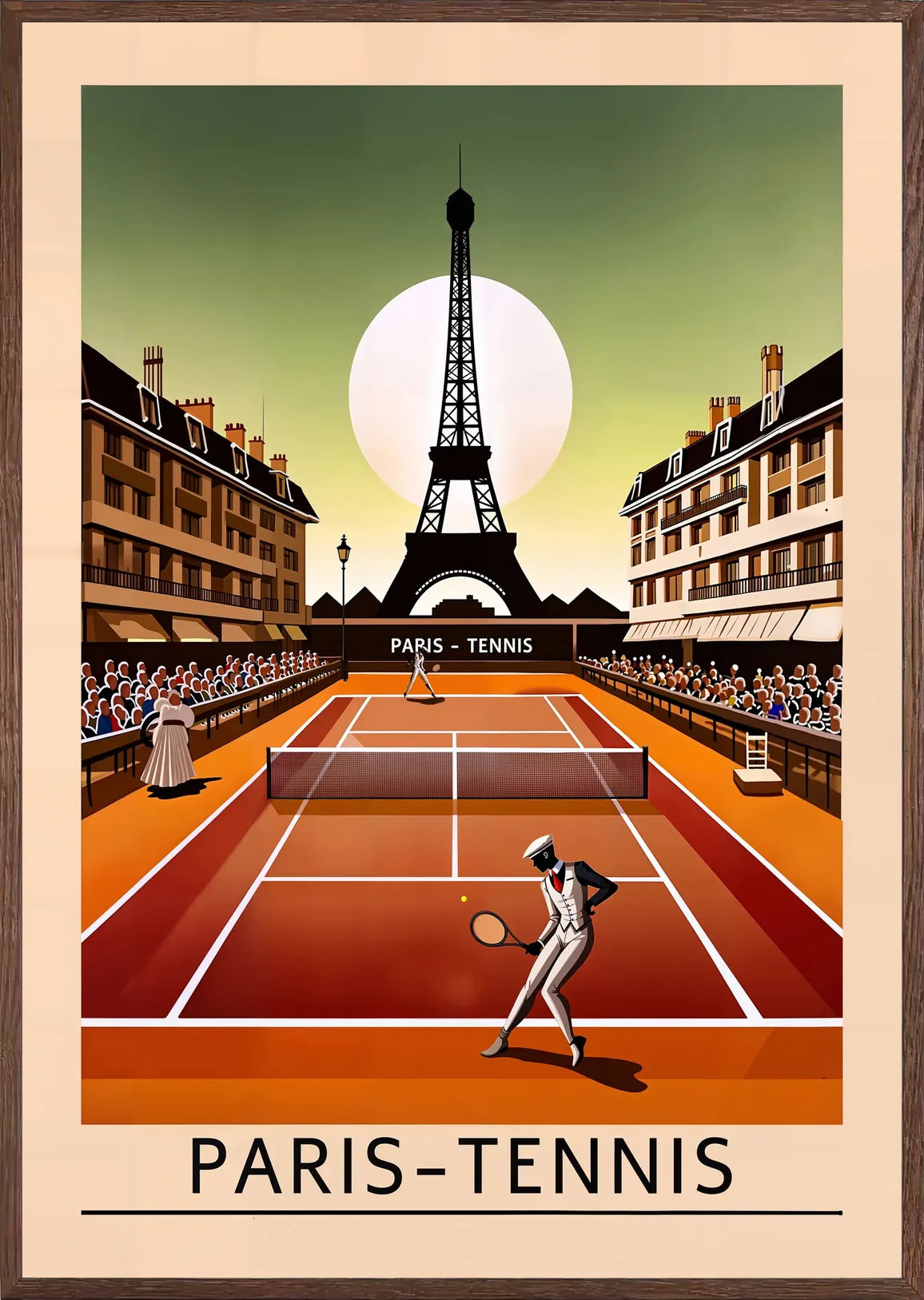 Cadre chene clair entourant joueur de tennis sur terre battue, Tour Eiffel sur ciel vert