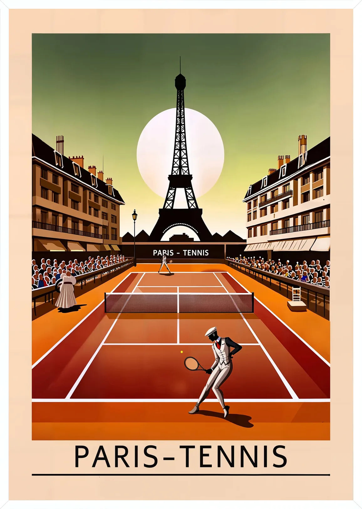 Cadre blanc epure presentant joueur de tennis sur terre battue, Tour Eiffel sur ciel vert