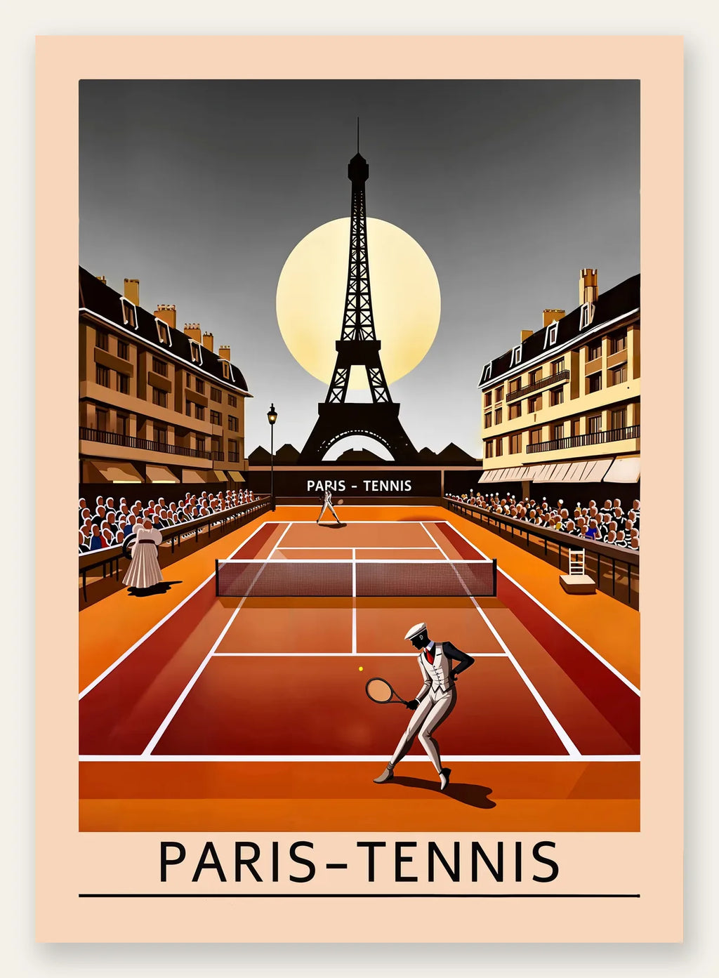 Joueur de tennis sur terre battue, Tour Eiffel et lune de nuit