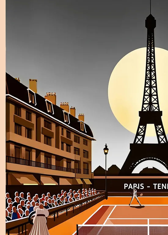 Gros plan sur joueur de tennis sur terre battue, Tour Eiffel et lune de nuit