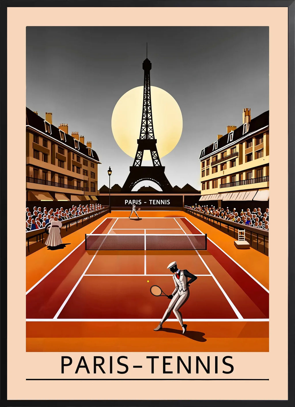Encadrement noir mat autour de joueur de tennis sur terre battue, Tour Eiffel et lune de nuit