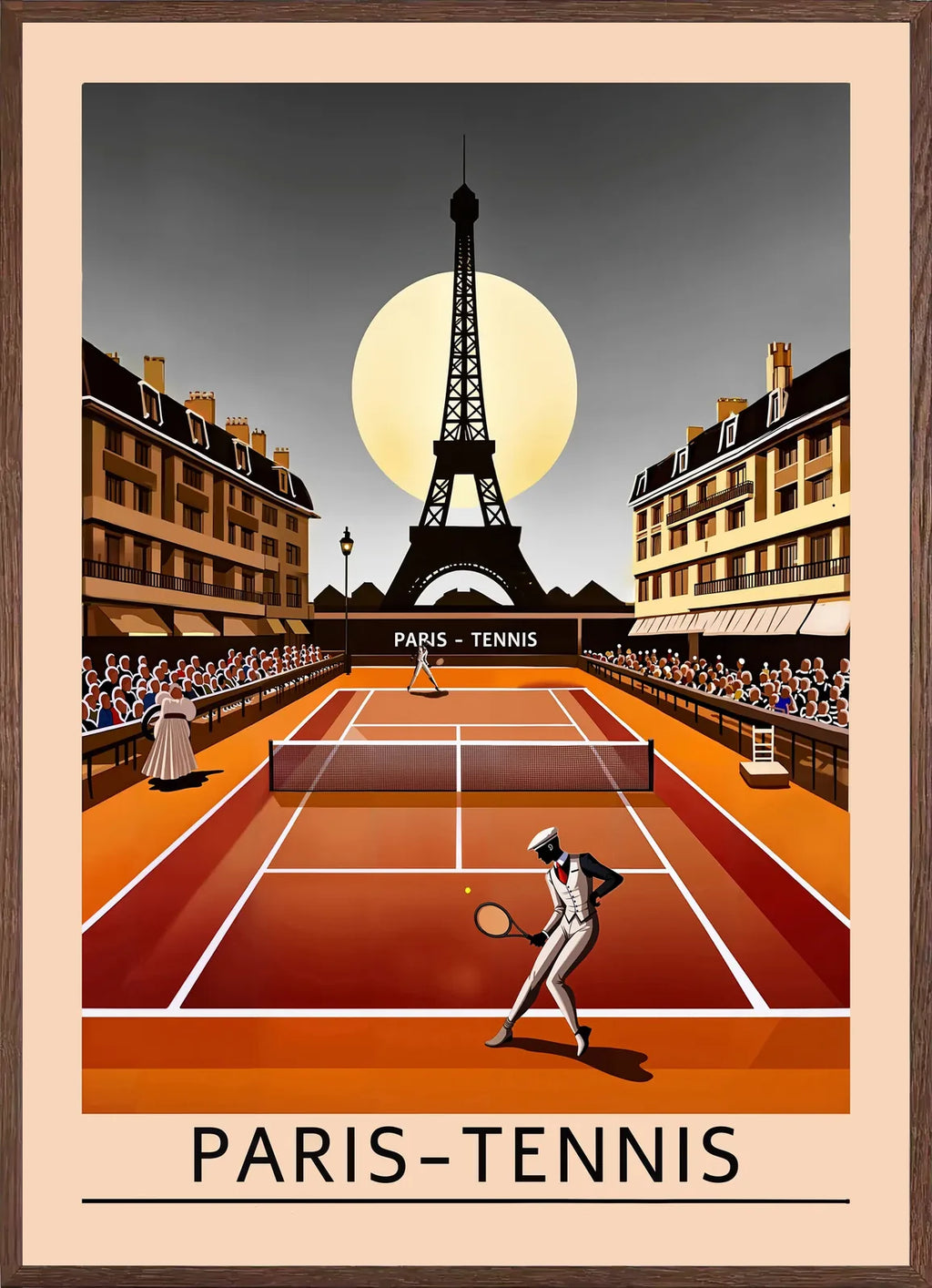 Cadre chene clair entourant joueur de tennis sur terre battue, Tour Eiffel et lune de nuit