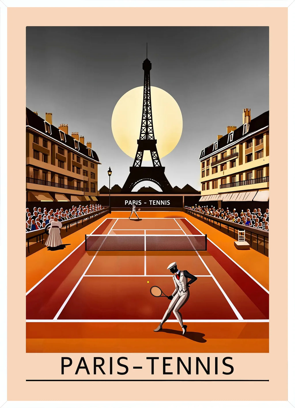 Cadre blanc epure presentant joueur de tennis sur terre battue, Tour Eiffel et lune de nuit