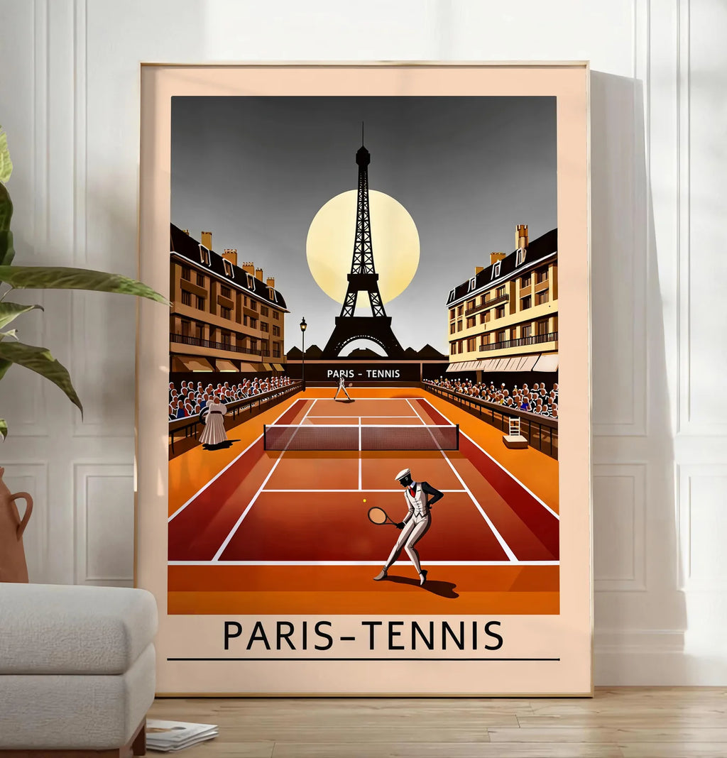 Reproduction joueur de tennis sur terre battue, posee au sol dans un salon minimaliste clair, a cote d'un canape beige et d'une plante verte, sur un parquet clair