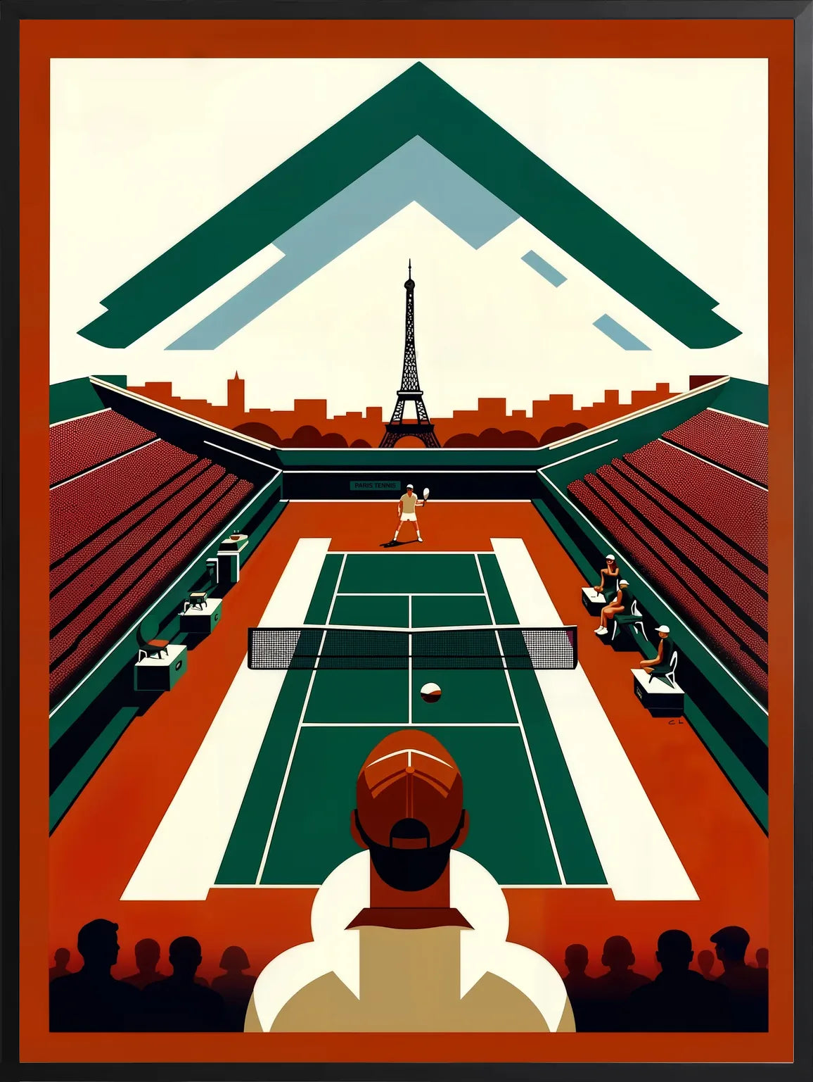Encadrement noir mat autour de court de tennis vu d'en haut et spectateur, Tour Eiffel Paris