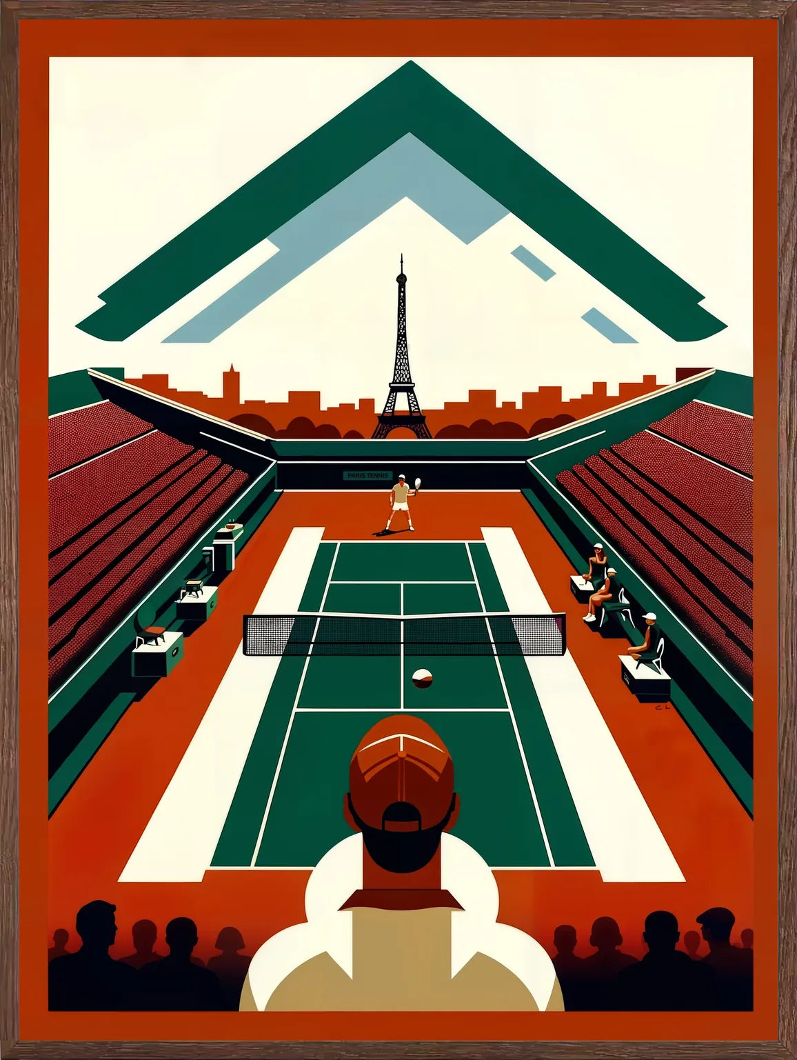 Cadre chene clair entourant court de tennis vu d'en haut et spectateur, Tour Eiffel Paris