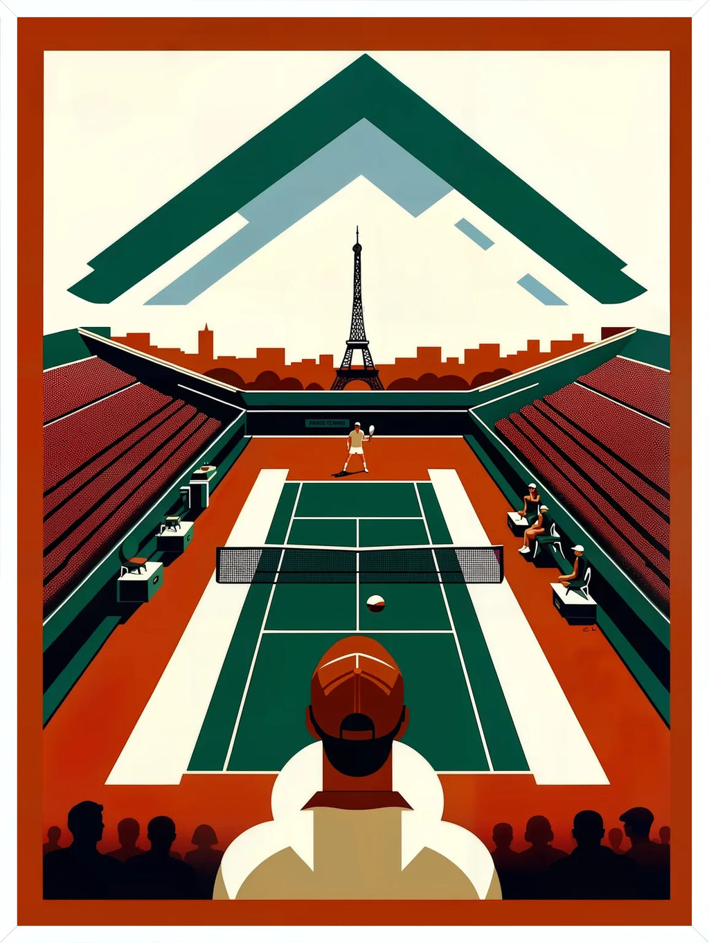 Cadre blanc epure presentant court de tennis vu d'en haut et spectateur, Tour Eiffel Paris