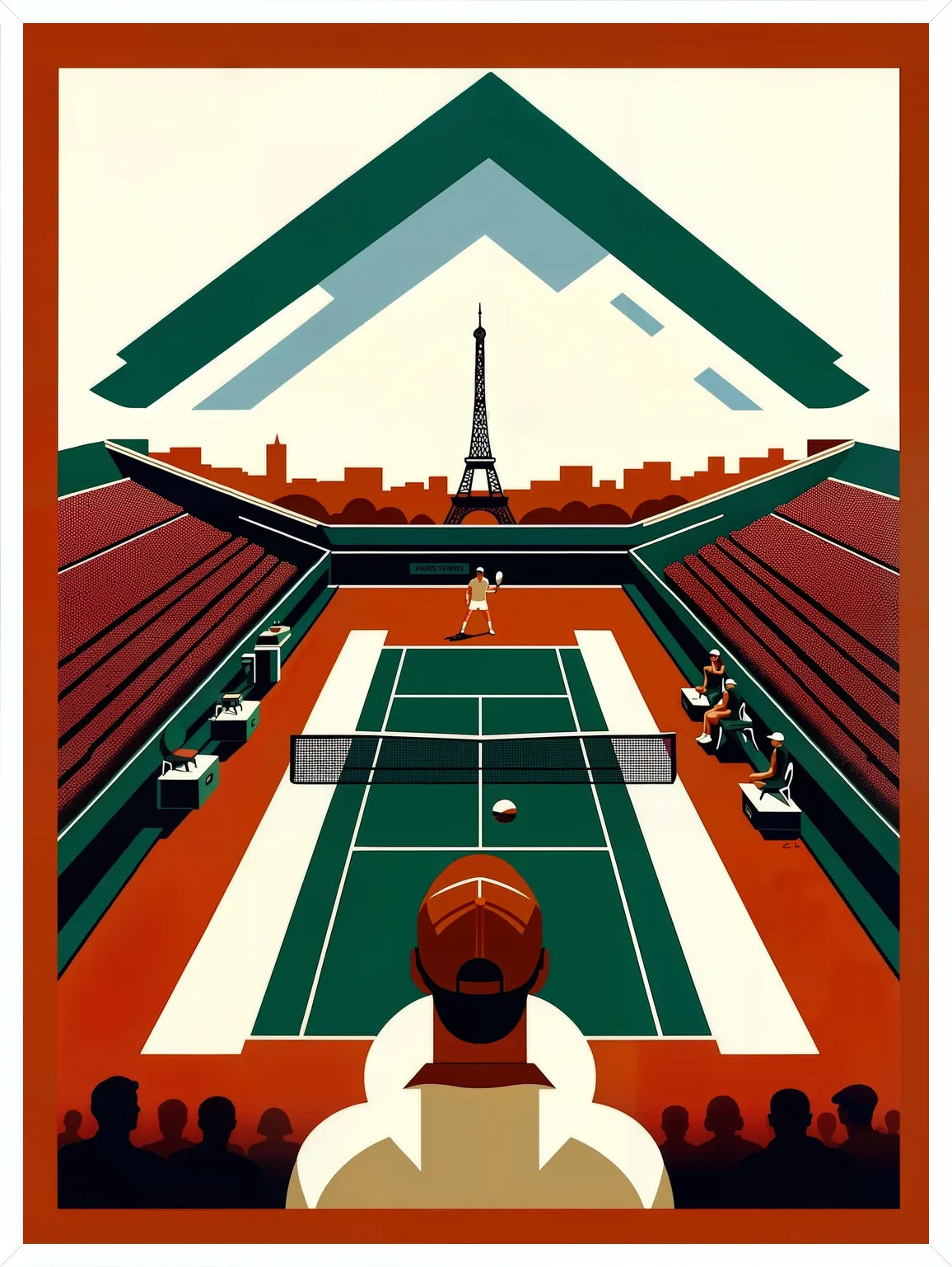 Cadre blanc epure presentant court de tennis vu d'en haut et spectateur, Tour Eiffel Paris