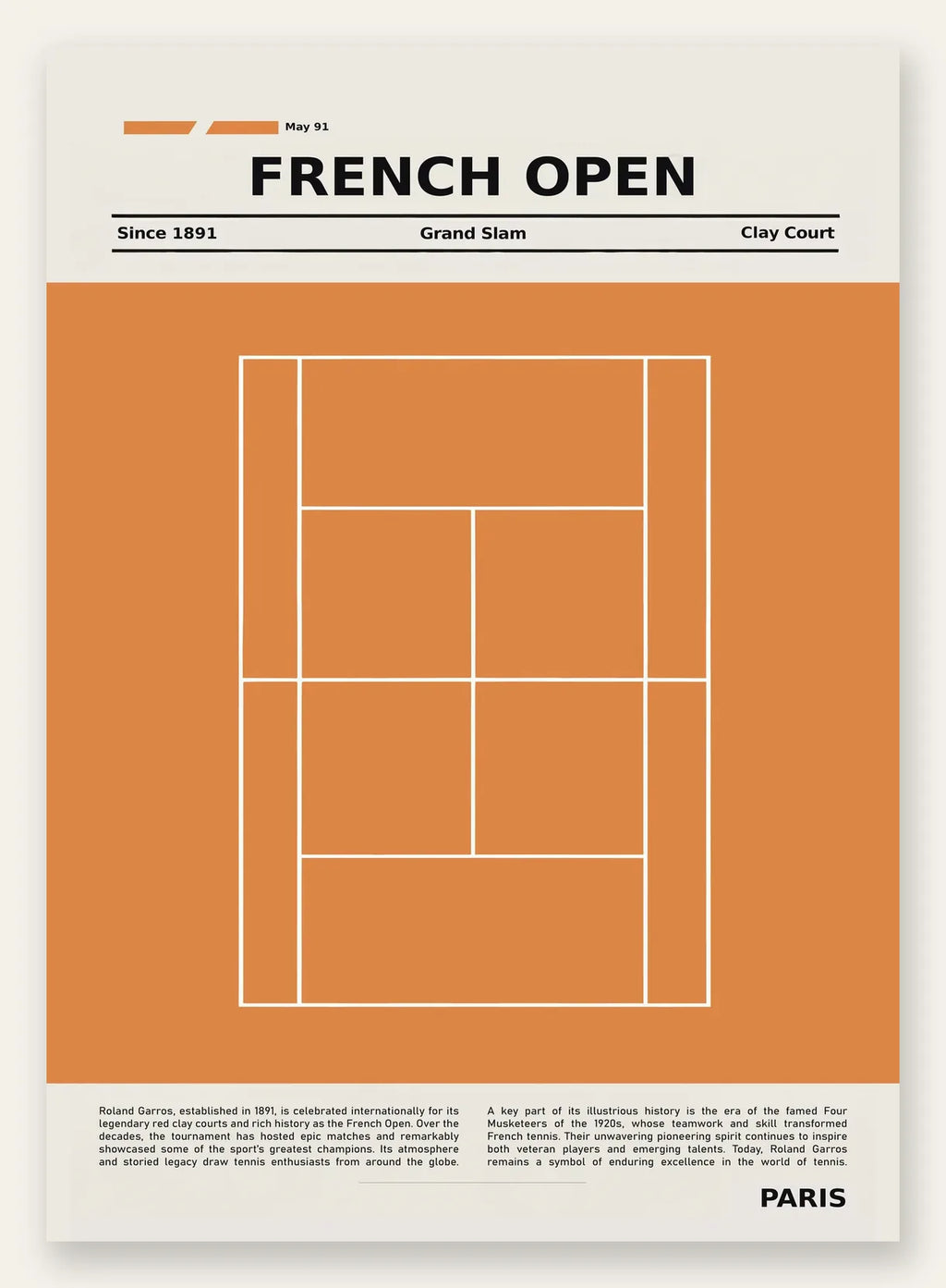 Court de tennis stylisé en terre battue avec titre FRENCH OPEN, aplats terracotta et lignes blanches