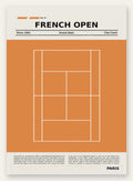 Court de tennis stylisé en terre battue avec titre FRENCH OPEN, aplats terracotta et lignes blanches