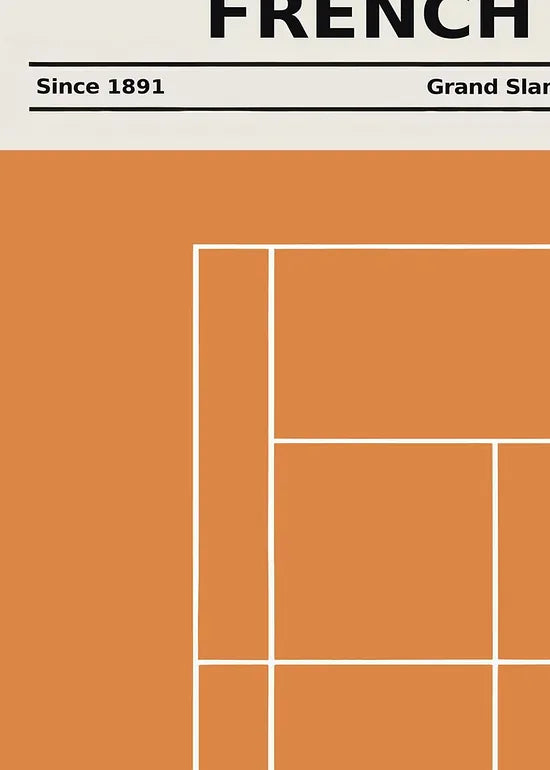 Gros plan sur le court de tennis stylisé, grain du papier 275 g/m2 et précision des lignes blanches visibles
