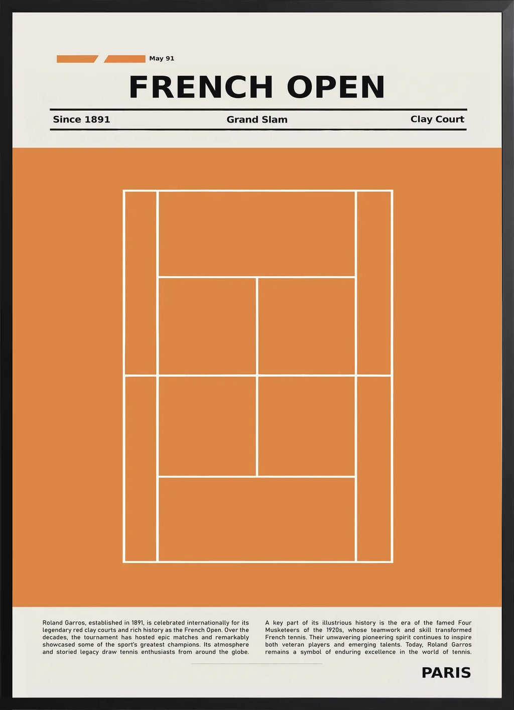 Encadré noir, court de tennis stylisé avec grille de lignes blanches et en-tête crème