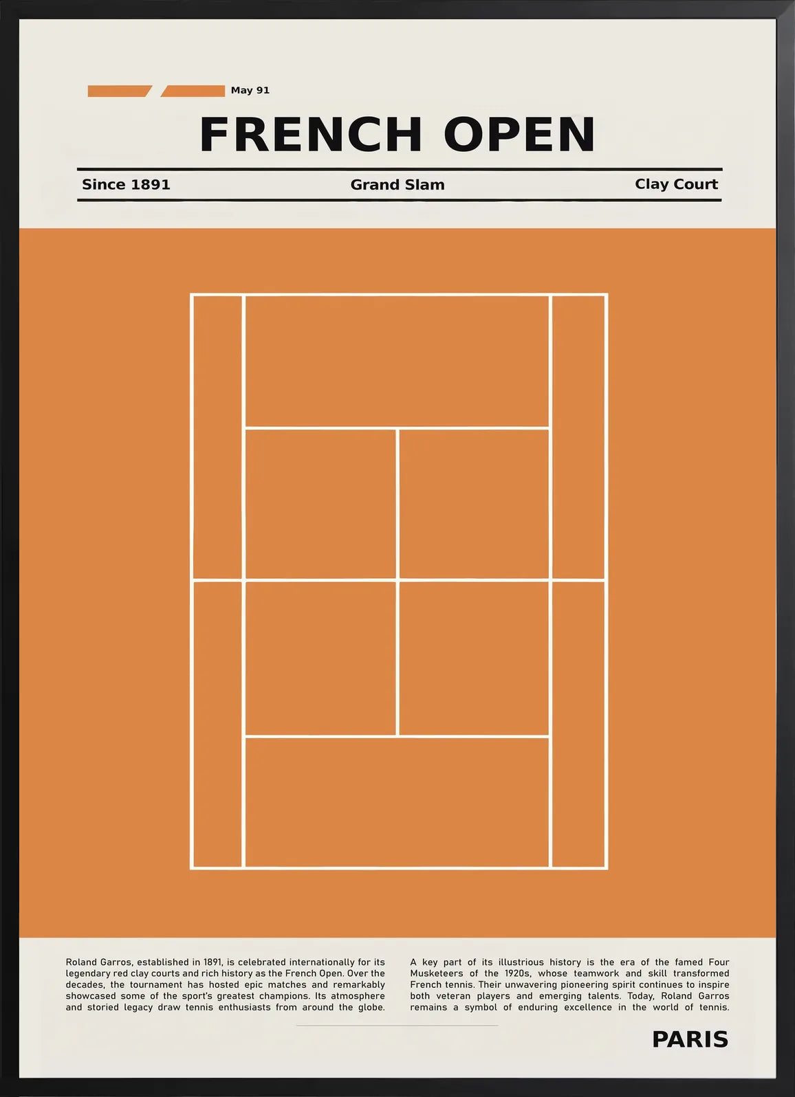 Encadré noir, court de tennis stylisé avec grille de lignes blanches et en-tête crème