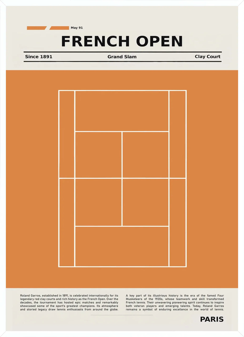 Mince cadre blanc, court de tennis stylisé sur fond terracotta et typographie géométrique