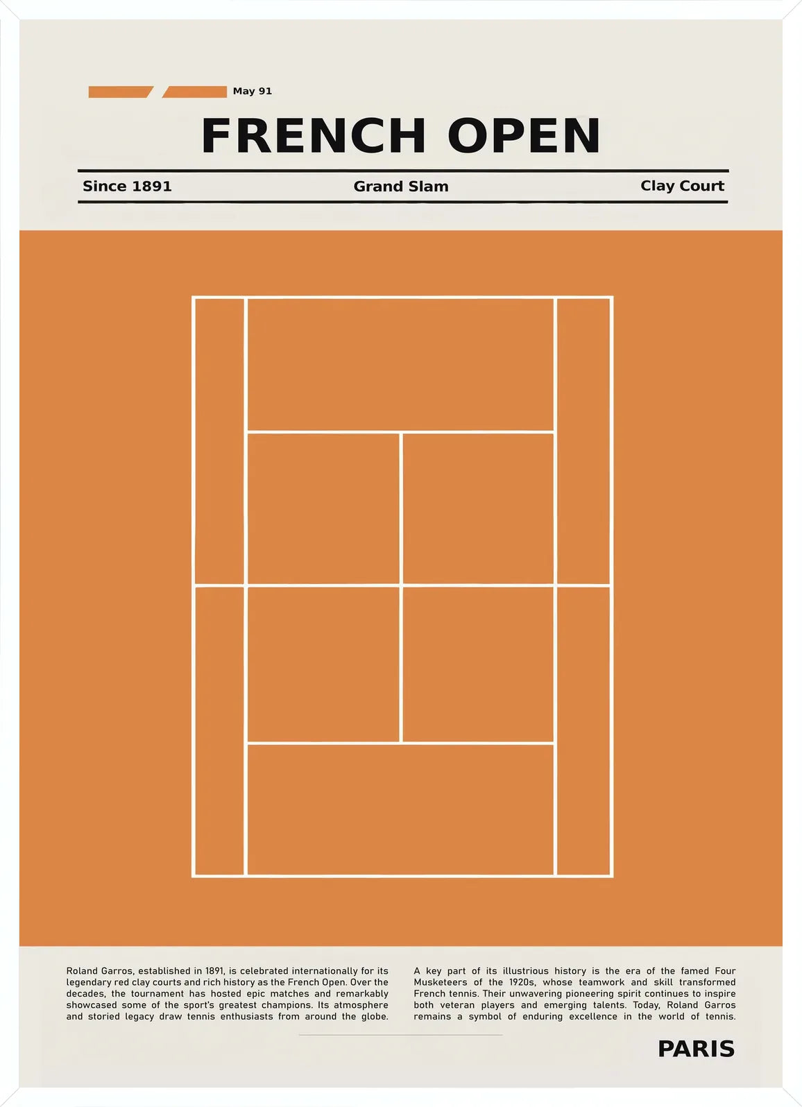 Mince cadre blanc, court de tennis stylisé sur fond terracotta et typographie géométrique